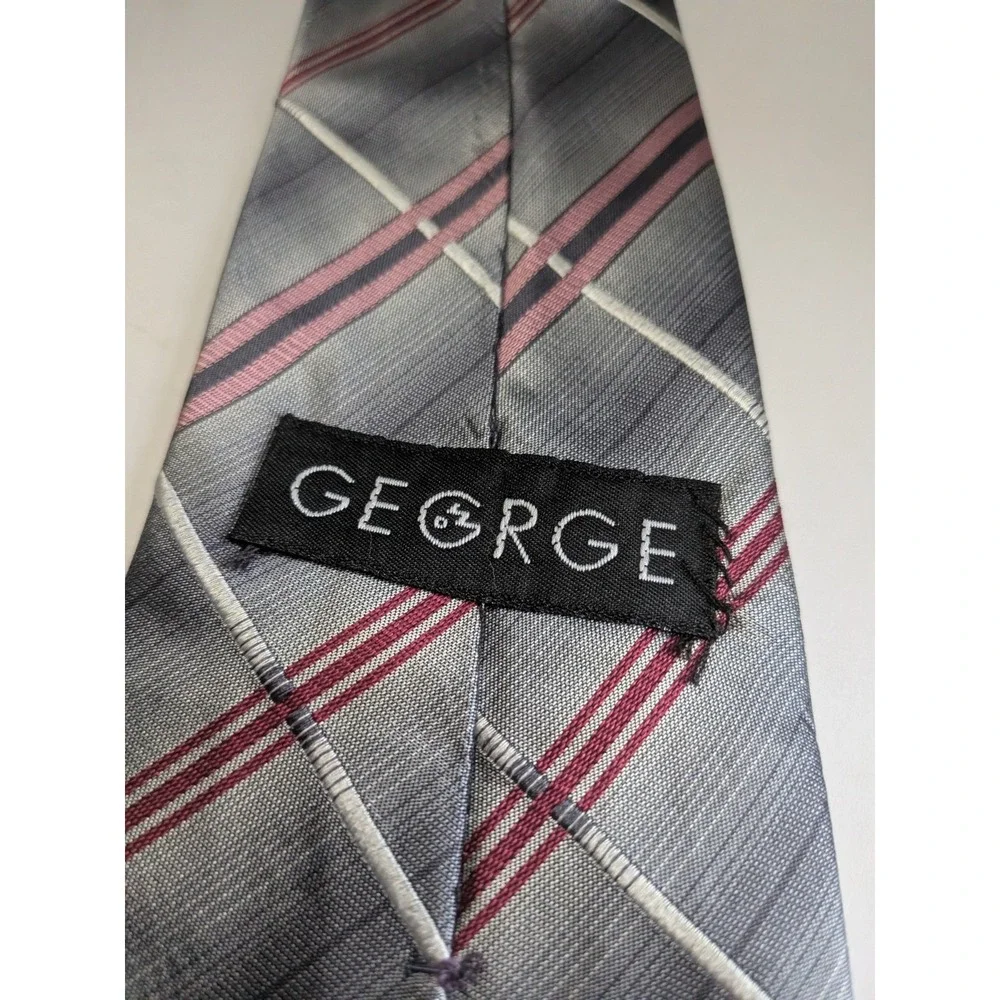 George Mens Silk Necktie Grey Burgundy White Plaid Striped Handmade Classic Tie